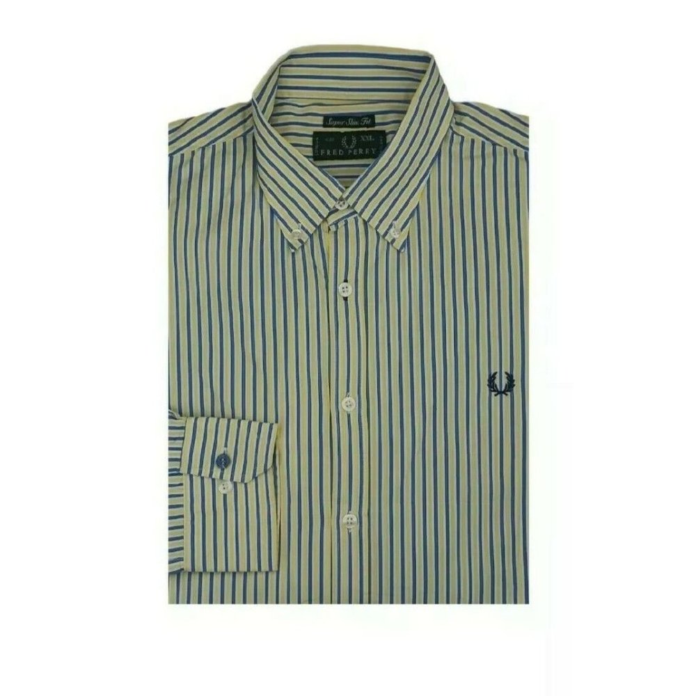 FRED PERRY Mens Striped Long Sleeve Shirt Size 2XL Super Slim Fit EX COND